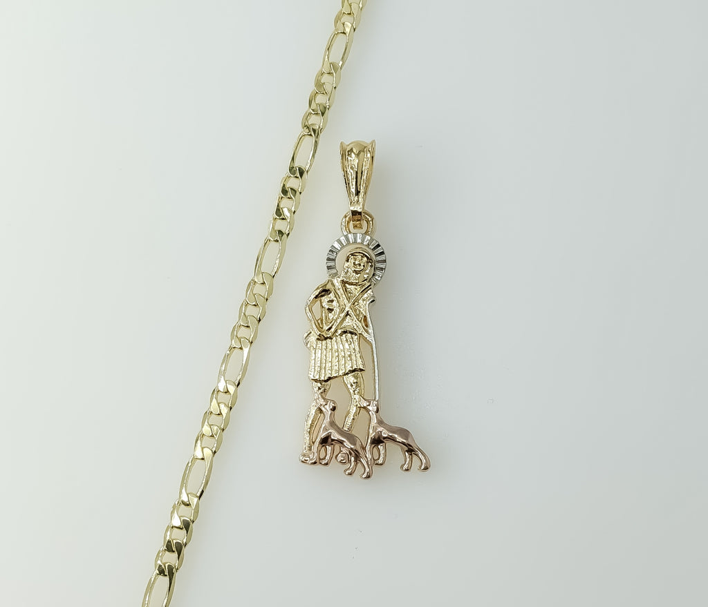 Gold plated tri-color Saint Lazarus 4mm figaro chain necklace with intricate design.

Gold plated 4mm figaro chain Saint