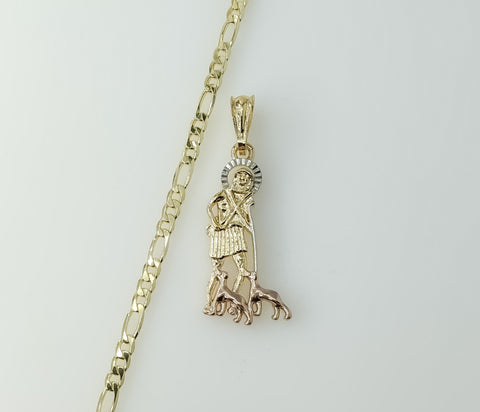 Gold plated tri-color Saint Lazarus 4mm figaro chain necklace with intricate design.

Gold plated 4mm figaro chain Saint