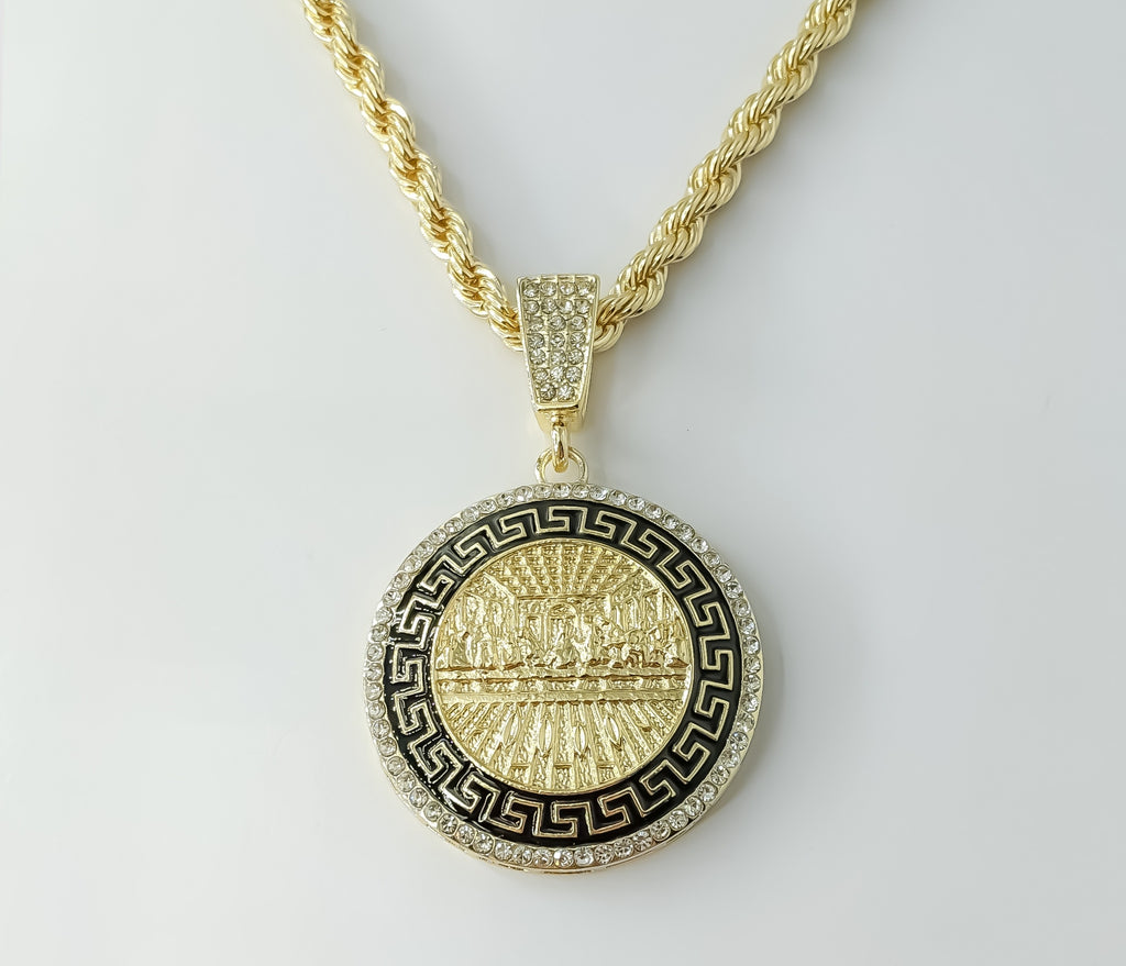 Gold plated large rope braided chain necklace featuring The Last Supper design.

Gold plated braided rope chain necklace