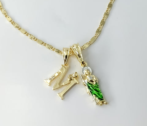 Gold plated double pendants on a 2mm star solid chain necklace featuring a dainty letter M.

Gold plated Saint Jude doub