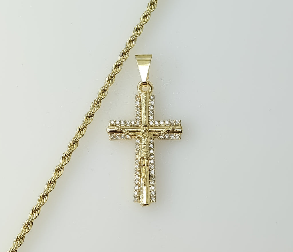 Gold plated 2mm rope and braided chain necklace with a small cross pendant.