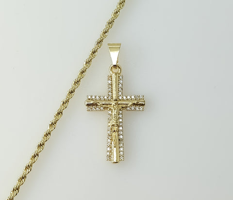Gold plated 2mm rope and braided chain necklace with a small cross pendant.