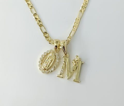 Plated Dainty Letter "M" Virgin Mary Double Pendants 3mm Figaro Chain Necklace