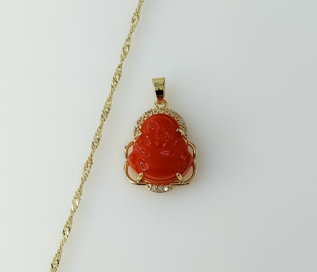 Gold plated Buddha pendant on a 14K twist chain necklace.
Gold plated Buddha pendant suspended from a delicate twist ch