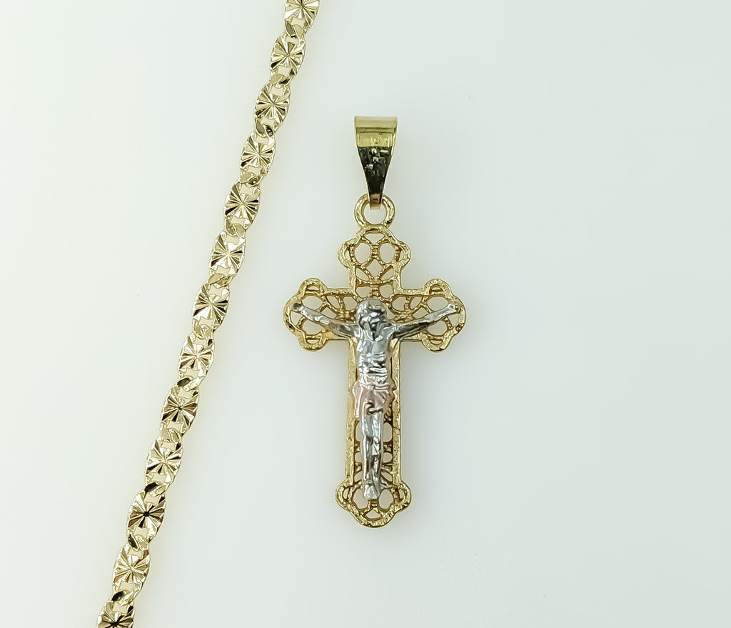 Gold plated tri-color cross pendant on a 4mm star chain necklace.