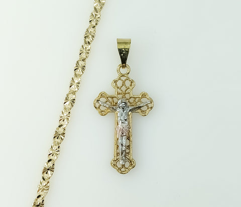 Gold plated tri-color cross pendant on a 4mm star chain necklace.