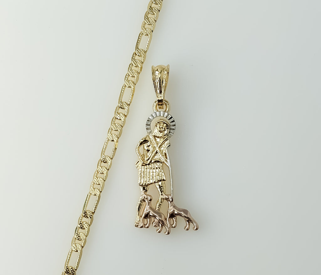 Tri-color gold plated Saint Lazarus diamond cut Figaro chain necklace in 14K style.