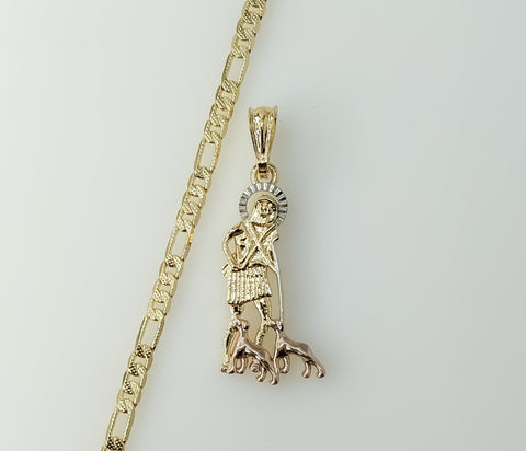 Tri-color gold plated Saint Lazarus diamond cut Figaro chain necklace in 14K style.