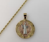 Tri-color gold plated Saint Benedict medal pendant on braided chain necklace.

Gold plated tri-colored Saint Benedict me