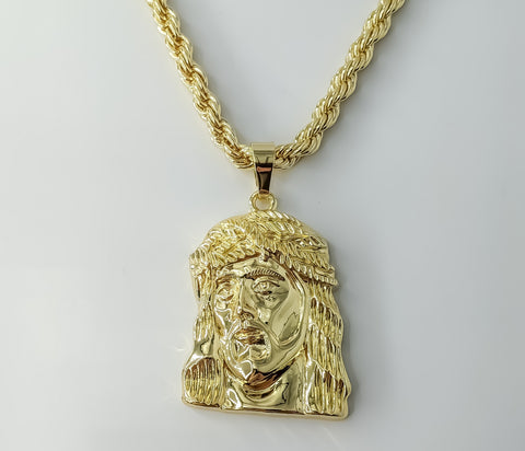 Gold plated rope and braided chain Jesus necklace with pendant.

Gold plated braided 6mm chain Jesus pendant necklace.