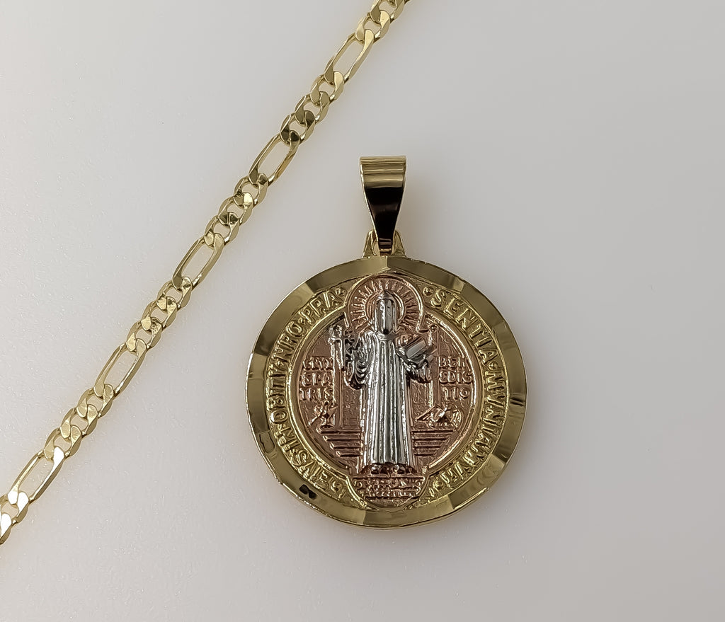 Gold plated Saint Benedict medal pendant on a figaro chain necklace.

Gold plated Saint Benedict medal pendant and chain