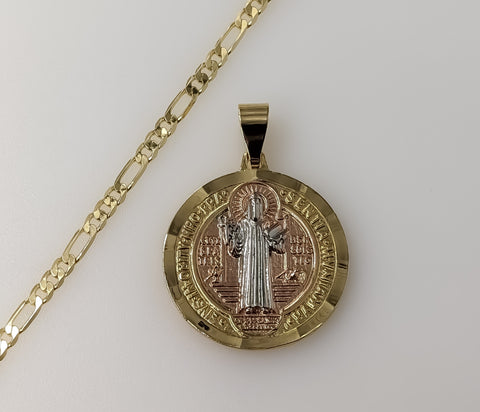 Gold plated Saint Benedict medal pendant on a figaro chain necklace.

Gold plated Saint Benedict medal pendant and chain