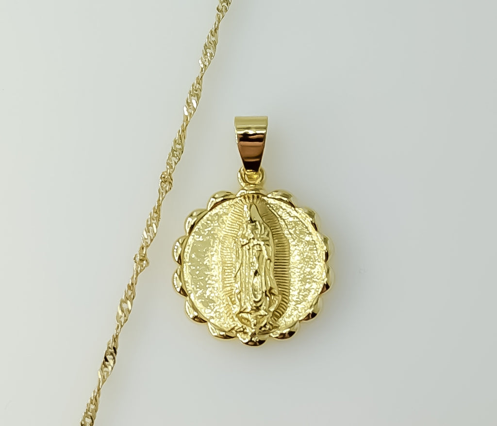 Gold plated 14K Virgin Mary twist chain necklace with intricate pendant design.
Gold plated Virgin Mary twist chain neck