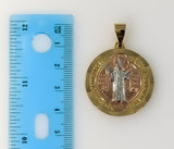 A gold plated Saint Benedict medal pendant in intricate circular shape. 
A gold plated tri-color circular medal pendant