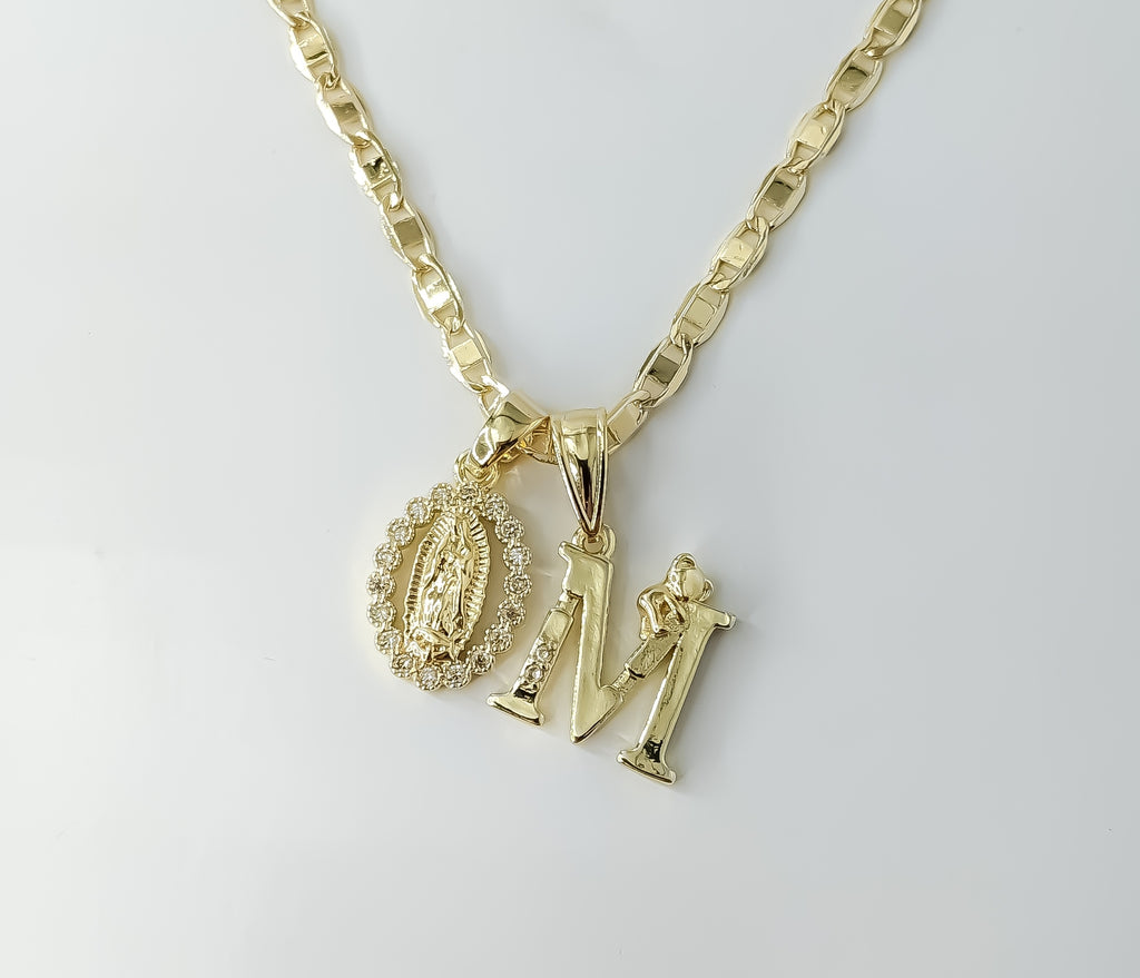 Plated Dainty Letter "M" Virgin Mary Double Pendants 3mm Flat Mariner Anchor Chain Necklace