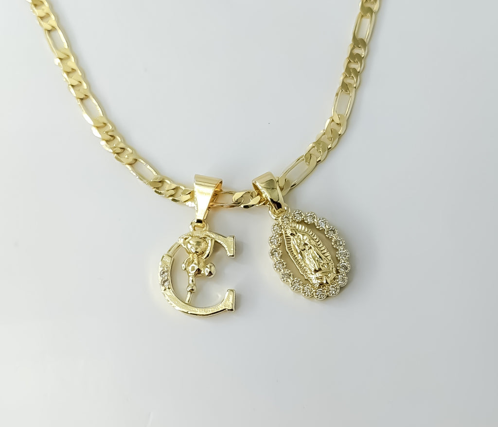 Plated Dainty Letter "C" Virgin Mary Double Pendant 3mm Figaro Chain Necklace
