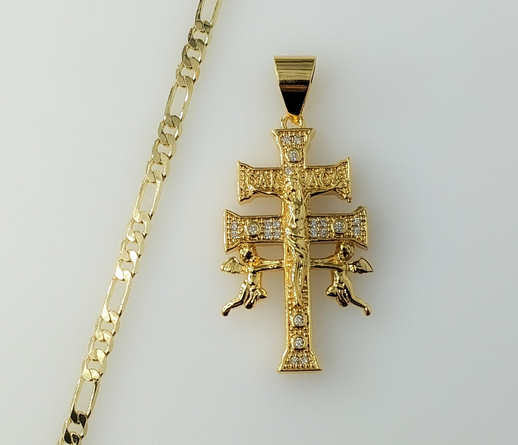 Plated Holy Cross of Caravaca 3mm Figaro Chain Necklace