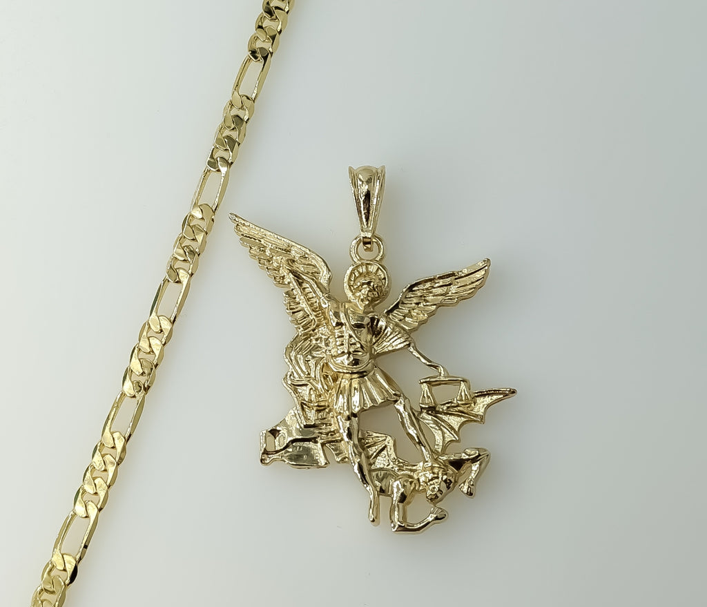Plated Large Archangel Saint Michael 5mm Figaro Chain Necklace