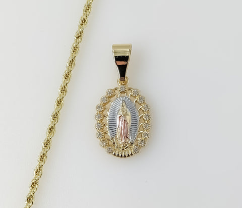 Plated Dainty Tri-Color Virgin Mary 2mm Rope/Braided Chain Necklace