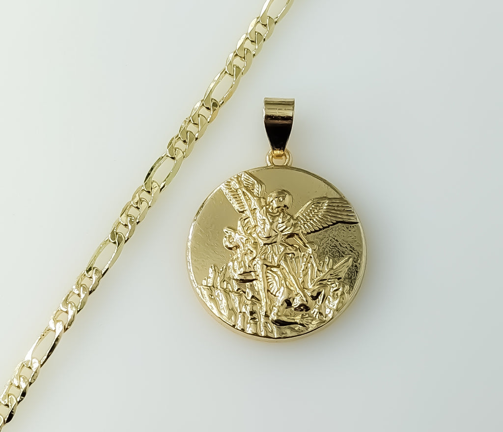 Archangel Saint Michael Medal Plated 18K 4mm-5mm Figaro Chain Devotion Necklace