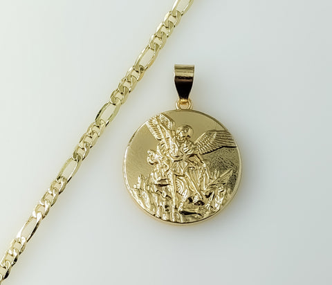 Archangel Saint Michael Medal Plated 18K 4mm-5mm Figaro Chain Devotion Necklace