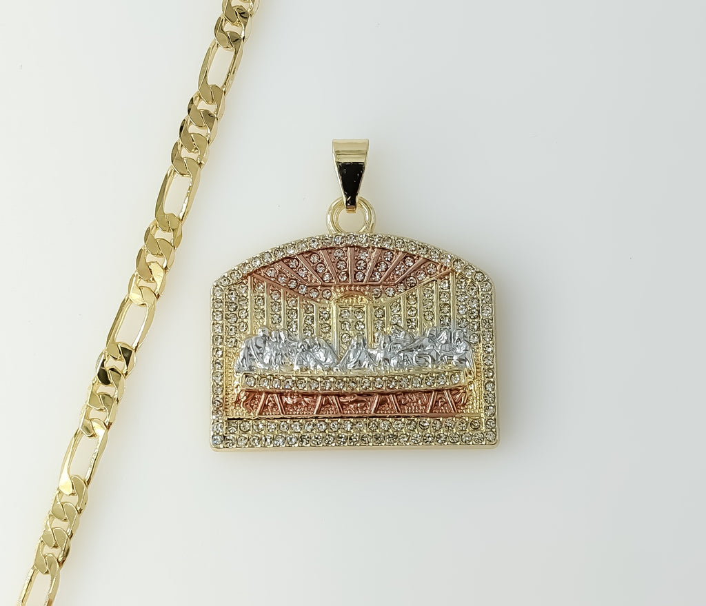 Plated Tri-Color Blinged The Last Supper 5mm Figaro Chain Necklace