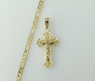 Plated Cross 4mm 14K Diamond Cut Figaro Chain Necklace