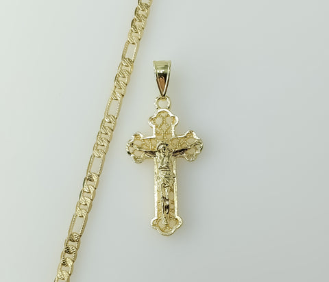 Gold plated 14K diamond cut figaro chain with a cross pendant necklace.

Gold plated 14K figaro chain with diamond cut d