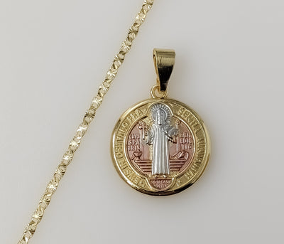 Catholic Jewelry Saint Benedict Tri-Color Medal 25mm Pendant Golden Plated 2.5mm Star Chain