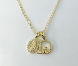 14K gold plated double pendants on a dainty Cuban chain necklace.
Virgin Mary letter "D" pendant on a 3mm chain Cuban li