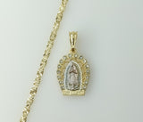 Gold Plated Virgin Mary pendant on 4mm tri-color star chain necklace.
Gold plated Virgin Mary pendant adorns a 4mm star
