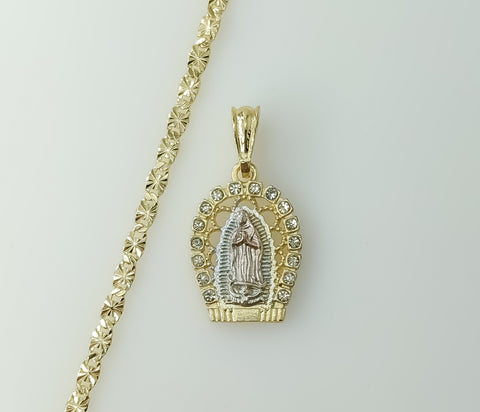 Gold Plated Virgin Mary pendant on 4mm tri-color star chain necklace.
Gold plated Virgin Mary pendant adorns a 4mm star