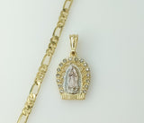 Gold plated tri-color Virgin Mary figaro chain necklace in 5mm thickness.