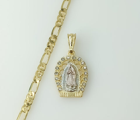 Gold plated tri-color Virgin Mary figaro chain necklace in 5mm thickness.