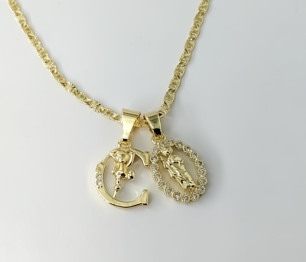 Plated Dainty Letter "C" Saint Jude Double Pendants 2.5mm Star Chain Necklace