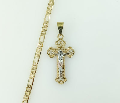Plated Tri-Color Cross 4mm 14K Diamond Cut Figaro Chain Necklace