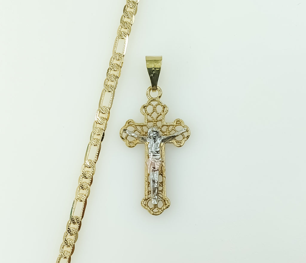 Gold plated tri-color cross 4mm diamond cut figaro chain necklace.