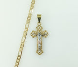 Gold plated tri-color cross 4mm diamond cut figaro chain necklace.