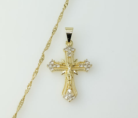 14K gold plated twist chain necklace with small cross Jesus crucifix pendant.
