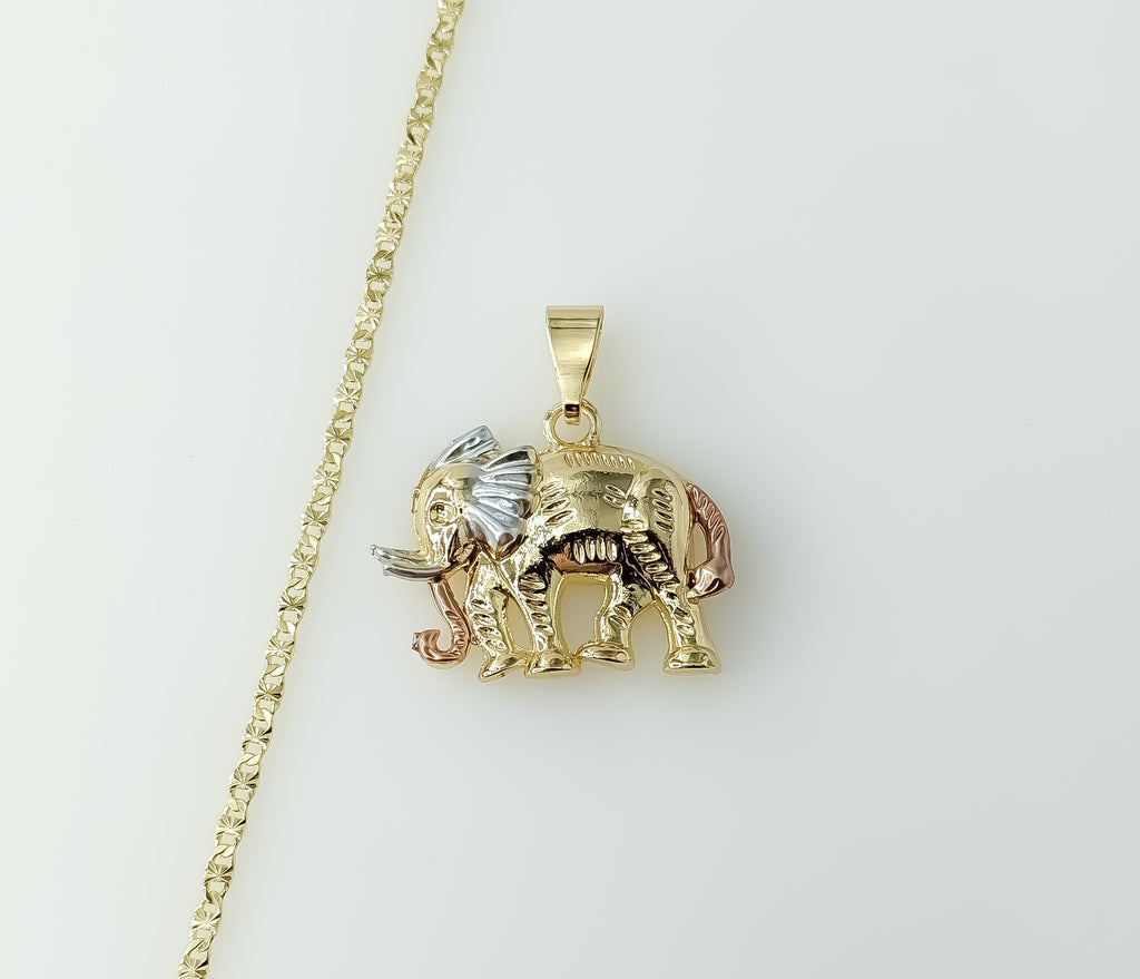 Gold plated tri-color elephant star pendant chain necklace with intricate details.
Gold plated star pendant chain neckla
