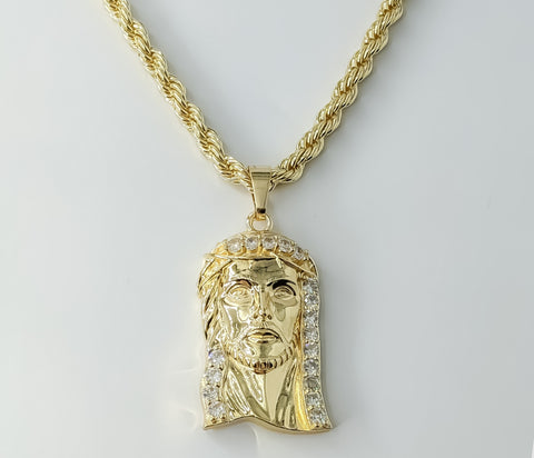 Gold plated rope and braided chain Jesus pendant necklace with chain.
