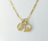 Gold plated dainty Virgin Mary double pendants 3mm figaro chain necklace.