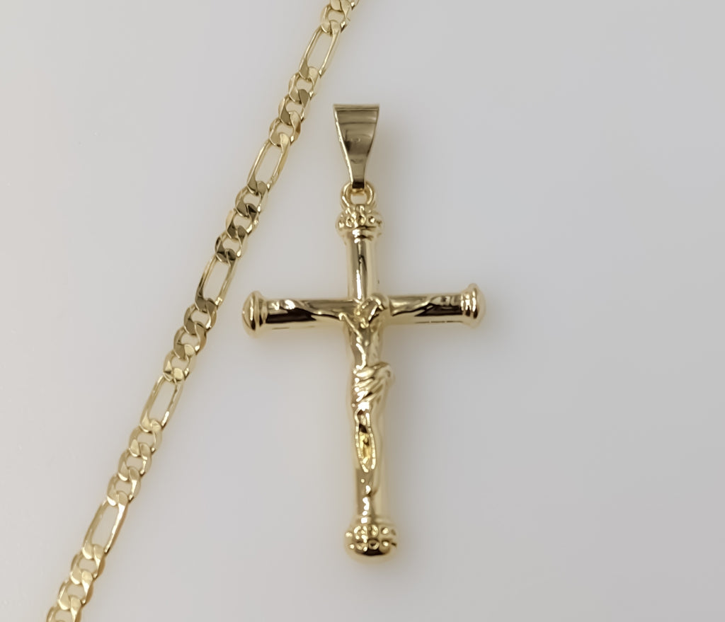 Blessed Jesus Crucifix Cross Plated 3mm Figaro Chain Necklace