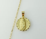 Gold plated Virgin Mary pendant on a 2.5mm star chain necklace.
Gold plated Virgin Mary pendant with chain necklace in a