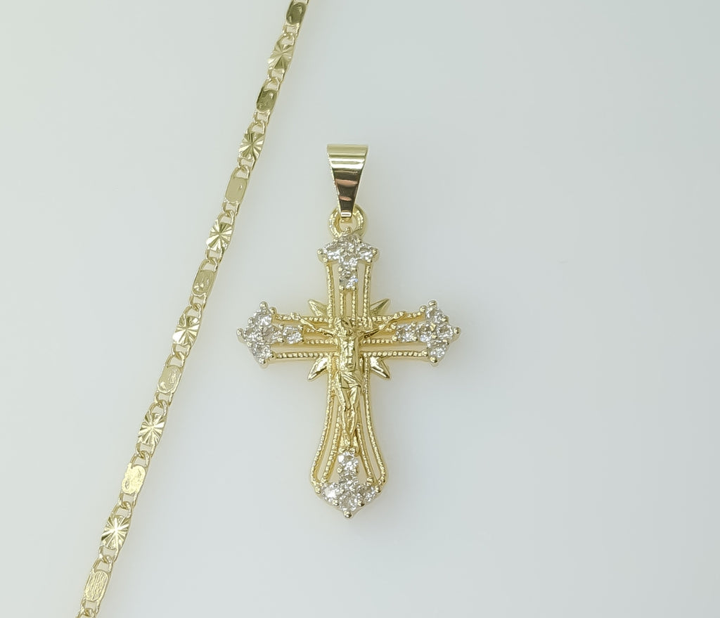 Gold plated solid cross Jesus crucifix pendant on a 2mm star chain necklace.

Gold plated small cross Jesus crucifix pen