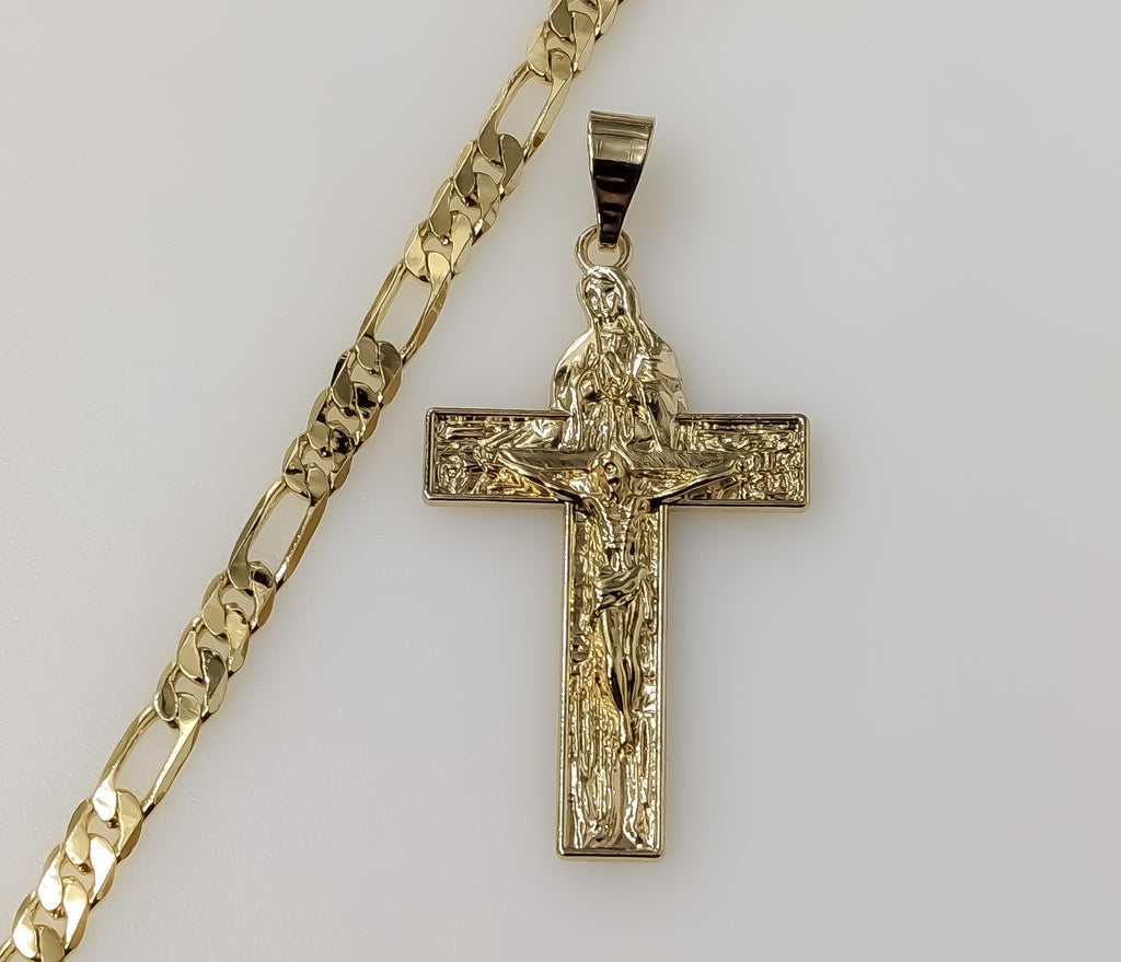 Virgin Mary Jesus Christ Crucifix Cross Plated 5mm Figaro Chain Catholic Gift