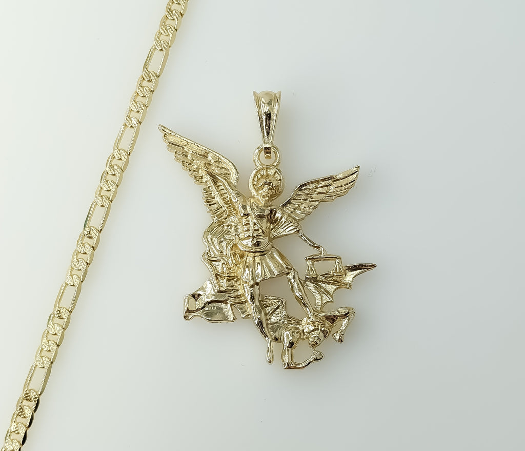 Gold Plated Large Archangel Saint Michael Figaro Chain Necklace with Diamond Cut Links.