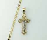 Gold plated tri-color cross pendant on a 3mm figaro chain necklace.
Gold plated tri-color cross pendant suspended from a