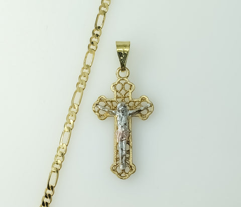 Gold plated tri-color cross pendant on a 3mm figaro chain necklace.
Gold plated tri-color cross pendant suspended from a