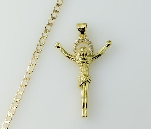 Protection Plated Small Cross Jesus Crucifix 14K 3mm Cuban Chain Necklace